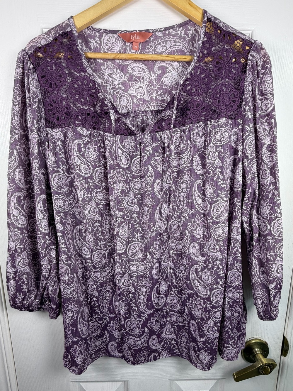 Iyla Purple Paisley Peasant Blouse L Boho Cottagecore Festival Crochet Yoke Top